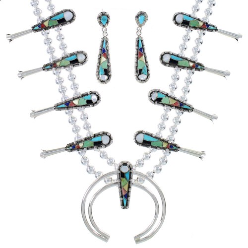 Multicolor Inlay Sterling Silver Southwest Squash Blossom Necklace Set AX94407