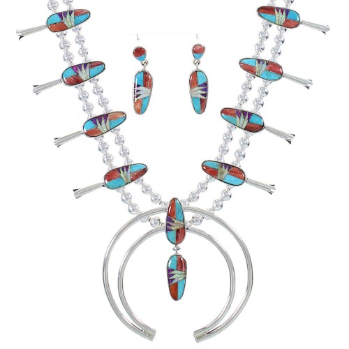 Genuine Sterling Silver Multicolor Inlay Squash Blossom Necklace Set AX94411