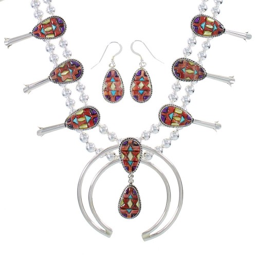 Silver Southwestern Multicolor Inlay Squash Blossom Necklace Set AX94433