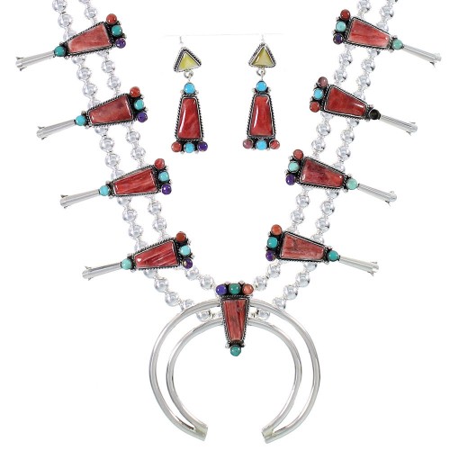 Silver Southwestern Multicolor Squash Blossom Necklace Set AX94437