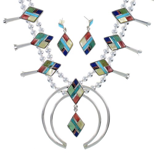 Sterling Silver Multicolor Squash Blossom Southwest Necklace Set AX94463