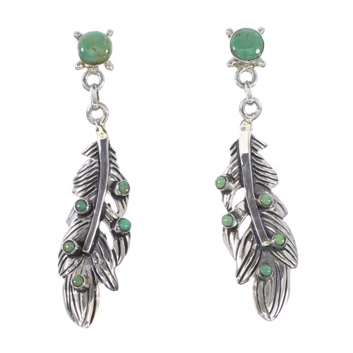 Genuine Sterling Silver Feather Turquoise Post Dangle Earrings AX95202