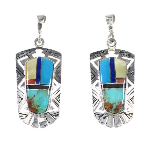 Sterling Silver Multicolor Inlay Southwestern Post Dangle Earrings AX95347