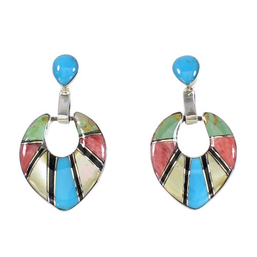 Silver Southwest Multicolor Inlay Post Dangle Earrings AX95352