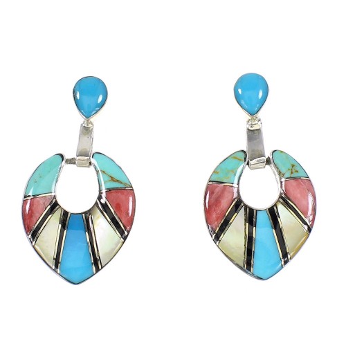 Silver Southwestern Multicolor Inlay Post Dangle Earrings AX95355