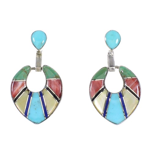 Southwest Multicolor Inlay Authentic Sterling Silver Post Dangle Earrings AX95362
