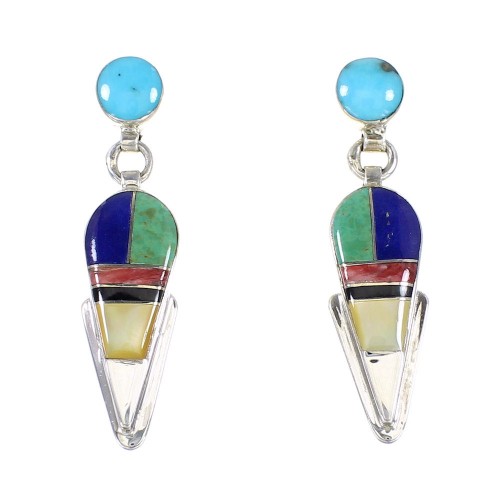 Multicolor Inlay Authentic Sterling Silver Post Dangle Earrings AX95367