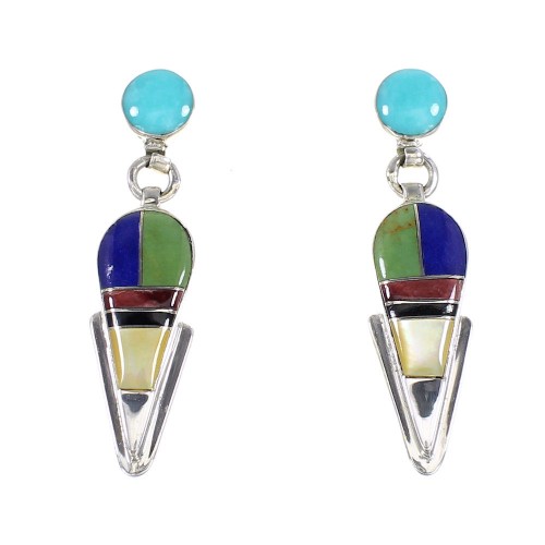 Multicolor Inlay Southwest Authentic Sterling Silver Post Dangle Earrings AX95370