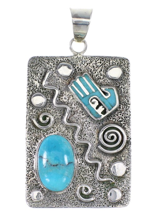 Turquoise Inlay Hand Sterling Silver Water Wave Pendant AX95288