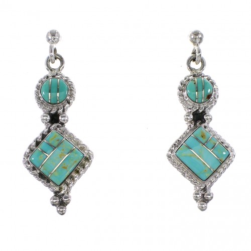 Turquoise Inlay Southwest Genuine Sterling Silver Post Dangle Earrings AX96003