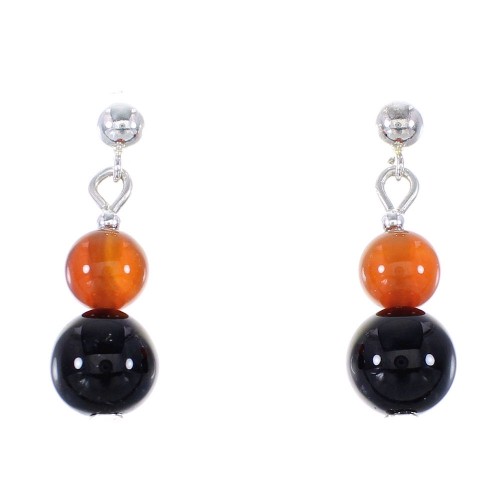 Onyx And Carnelian Silver American Indian Bead Post Dangle Earrings AX95905