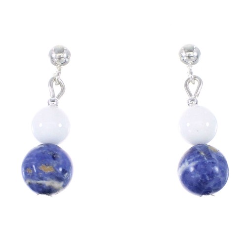 Sodalite And White Agate Silver Navajo Bead Post Dangle Earrings AX95916