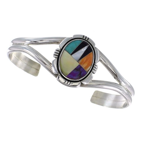 Genuine Sterling Silver Multicolor Inlay Southwest Cuff Bracelet RX95929