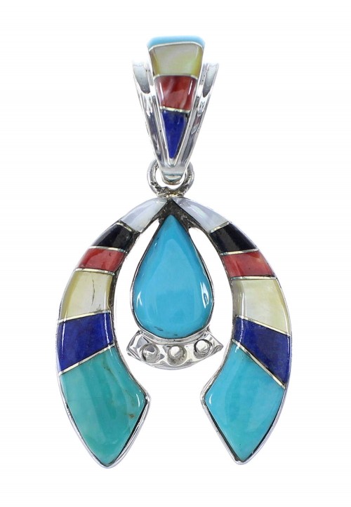 Southwest Genuine Sterling Silver Multicolor Inlay Naja Pendant RX96195