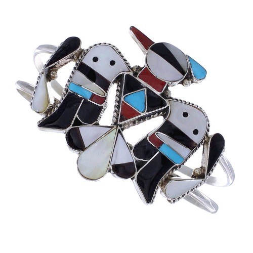 Multicolor Inlay Genuine Sterling Silver Zuni Thunderbird Cuff Bracelet RX96327