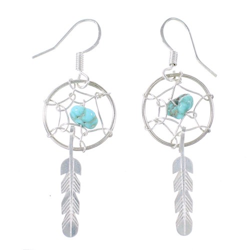 Turquoise Genuine Sterling Silver Navajo Dream Catcher Feather Hook Dangle Earrings AX97739