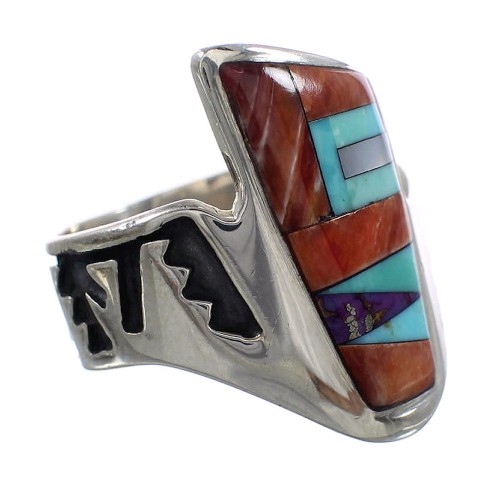 Sterling Silver Multicolor Inlay Jewelry Ring Size 6-1/2 AS37258