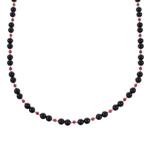 Coral And Onyx Navajo Sterling Silver Bead Necklace AX98264