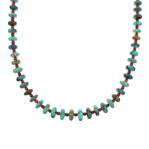 Turquoise And Coral Sterling Silver Navajo Bead Necklace AX98532
