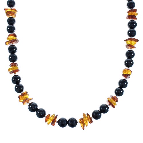 Silver Amber And Onyx Navajo Bead Necklace AX100284