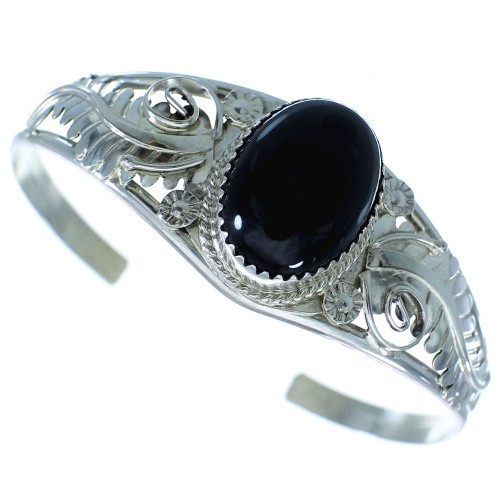 Sterling Silver Onyx Native American Leaf Cuff Bracelet RX102759