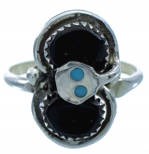 Sterling Silver Effie Calavaza Turquoise Onyx Zuni Snake Ring Size 7-1/2 RX119003