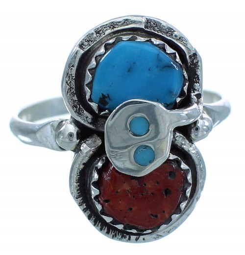 Turquoise Coral Sterling Silver Effie Calavaza Zuni Snake Ring Size 8 RX111801