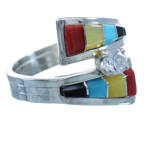Multicolor Inlay Cubic Zirconia Zuni Sterling Silver Ring Size 5-3/4 RX111823