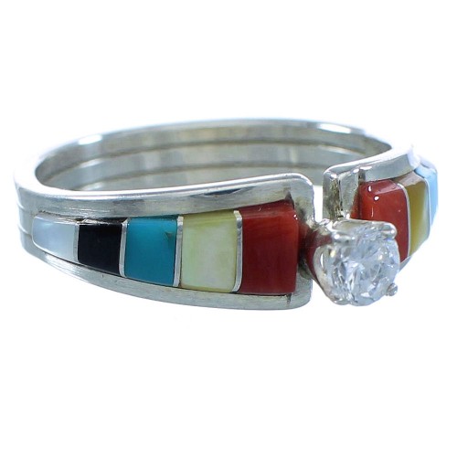 Sterling Silver Multicolor Inlay Cubic Zirconia Zuni Ring Size 6 TX103261