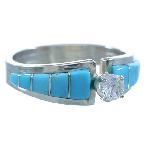 Authentic Sterling Silver Cubic Ziconia Turquoise American Indian Zuni Ring Size 7-3/4 TX103275