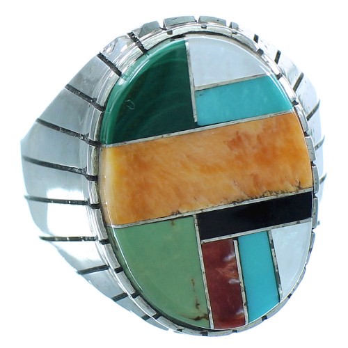 Multicolor Inlay And Sterling Silver Navajo Ray Jack Jewelry Ring Size 12-1/2 TX103533