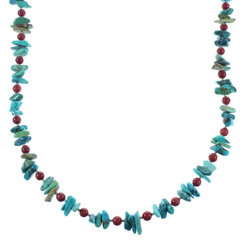 Genuine Sterling Silver Coral And Turquoise Navajo Bead Necklace RX103203