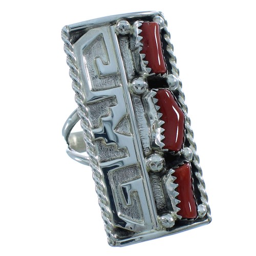 American Indian Navajo Genuine Sterling Silver Water Wave Coral Ring Size 7-3/4 TX104112