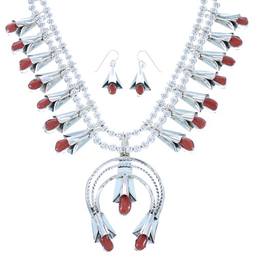 Navajo Coral Sterling Silver Squash Blossom Necklace Set TX104721