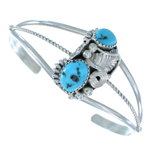 Navajo Turquoise Authentic Sterling Silver Flower Leaf Cuff Bracelet TX104536