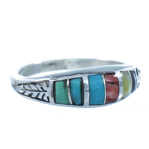 Southwest Multicolor Inlay Genuine Sterling Silver Feather Ring Size 7-3/4 SX105031