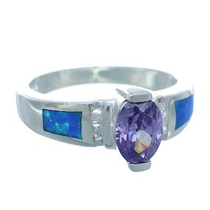 Amethyst And Blue Opal Southwest Silver Ring Size 6-3/4 EX53246