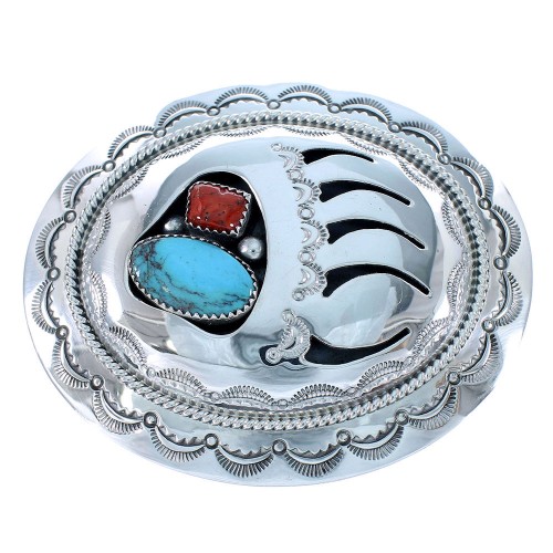 Turquoise And Coral Genuine Sterling Silver Navajo Bear Paw Belt Buckle SX105268