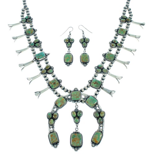 Fox Turquoise Sterling Silver American Indian Squash Blossom Necklace Set RX105256