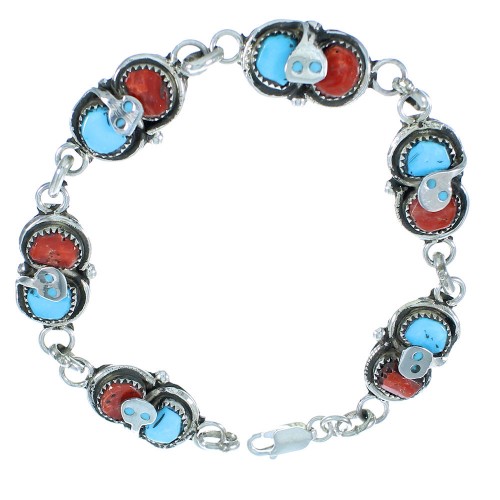 Zuni Turquoise And Coral Sterling Silver Snake Effie Calavaza Link Bracelet RX105331