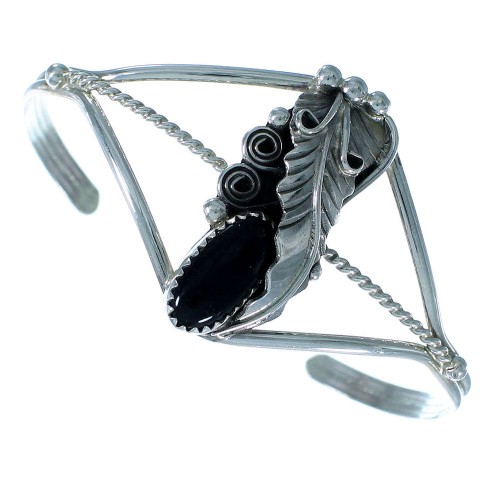 Navajo Onyx And Sterling Silver Leaf Cuff Bracelet RX105388