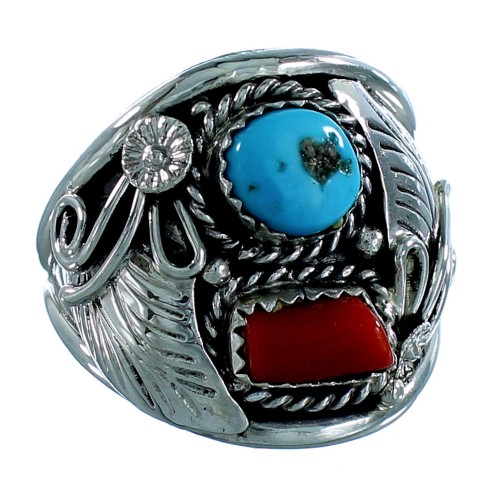 American Indian Coral And Turquoise Genuine Sterling Silver Ring Size 14-3/4 RX108164