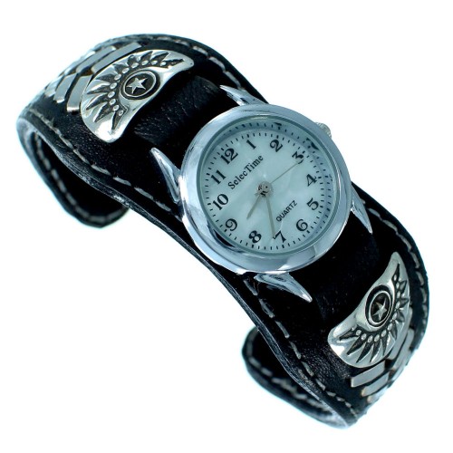 Navajo Indian Leather Sterling Silver Cuff Watch SX105569