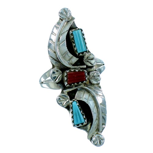 Sterling Silver Turquoise Coral Zuni Indian Leaf Ring Size 9 RX107505