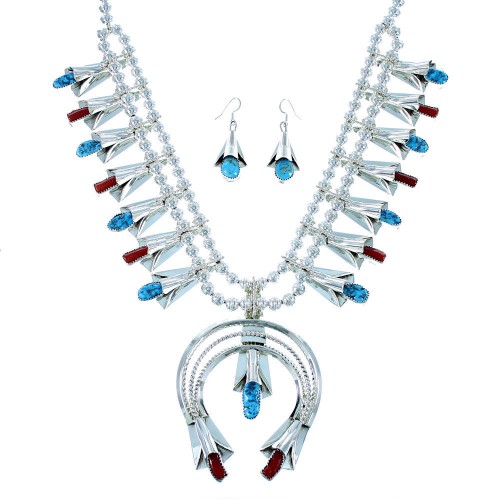 Navajo Turquoise And Coral Sterling Silver Squash Blossom Necklace Set RX105666