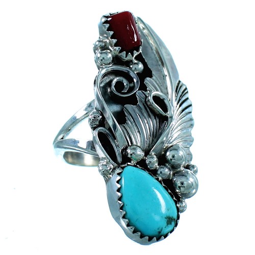 Navajo Turquoise And Coral Leaf Sterling Silver Jewelry Ring Size 5-3/4 SX106409