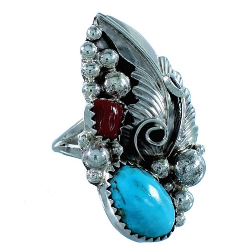 Navajo Turquoise And Coral Leaf Jewelry Sterling Silver Ring Size 6-1/2 SX106410