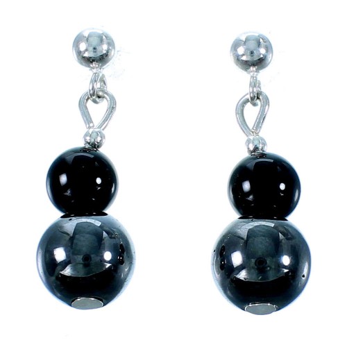 Onyx And Hematite Genuine Sterling Silver Navajo Bead Post Dangle Earrings RX106468