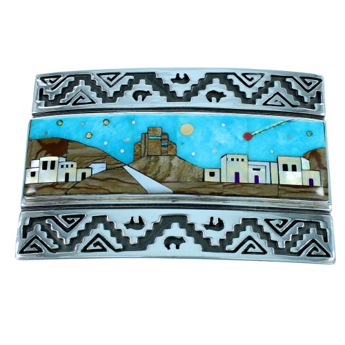 Multicolor Native American Village Design Bear Belt Buckle EX29131