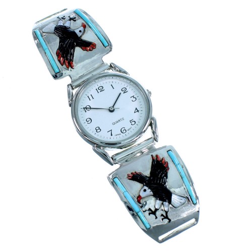 Turquoise Multicolor Inlay Eagle Sterling Silver Watch Jewelry EX23907